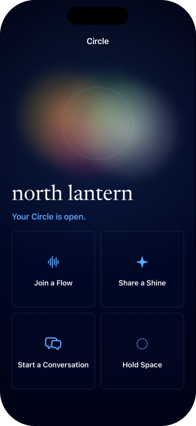 Circle app preview home screen with a soft multicolored glow.